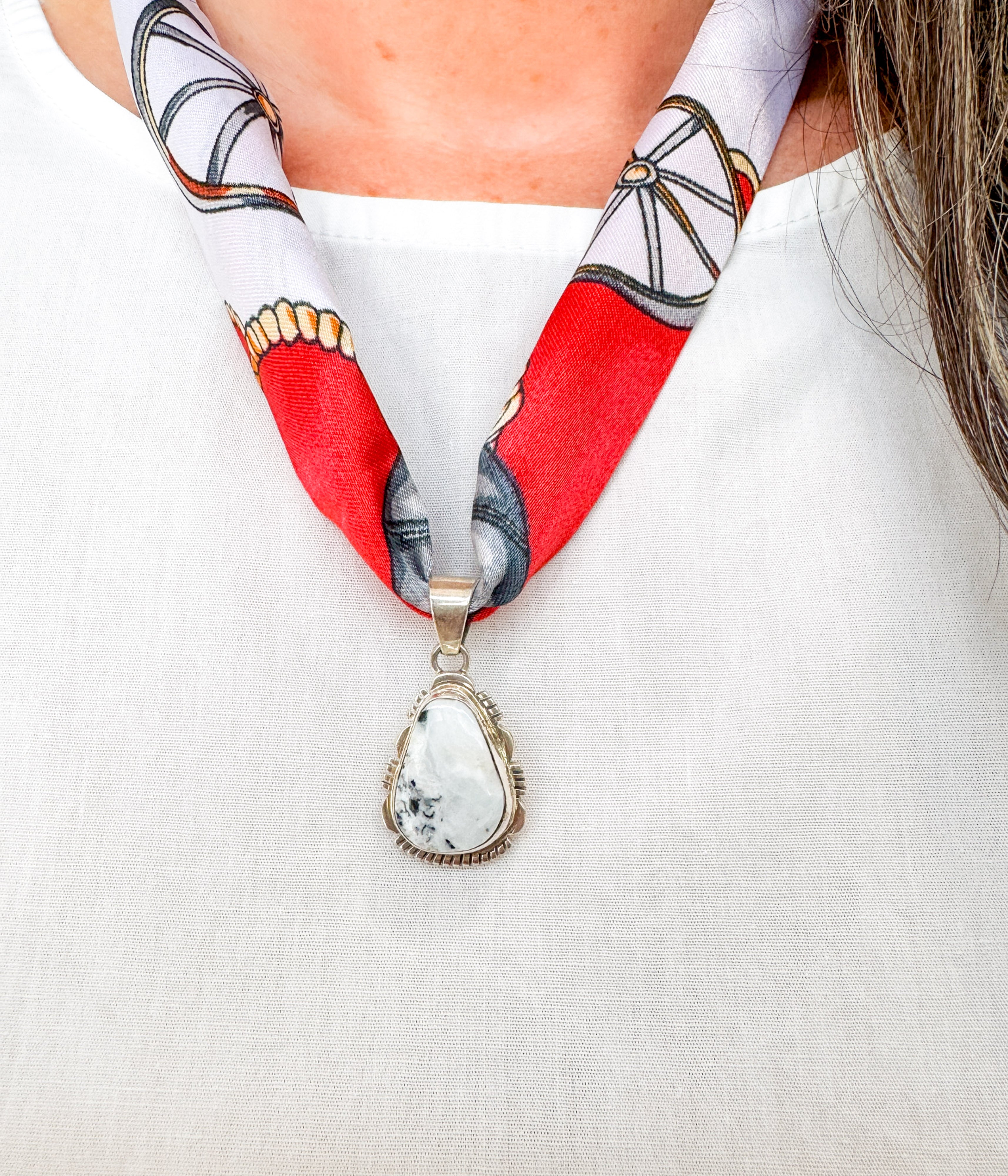 Trendy High Fashion White Buffalo Pendant on Silk Scarf Necklace